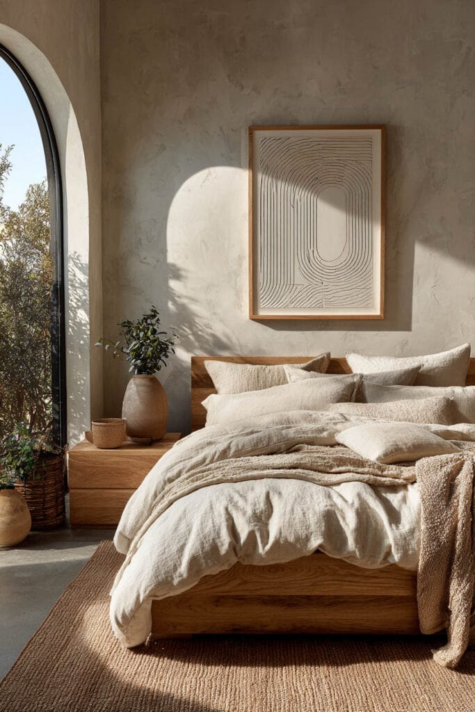 Japandi bedroom with minimal line art wall decor, light wood bed, neutral linen bedding, and natural sunlight