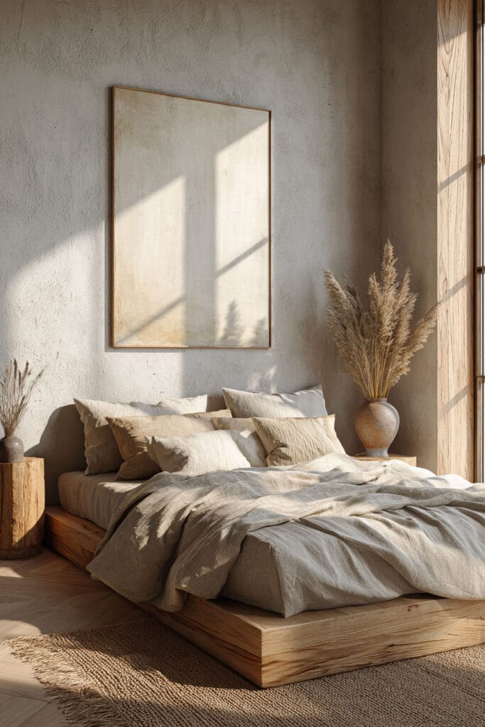 Japandi bedroom with neutral minimalist wall art, light wood platform bed, layered linen bedding, textured wall, and warm natural sunlight