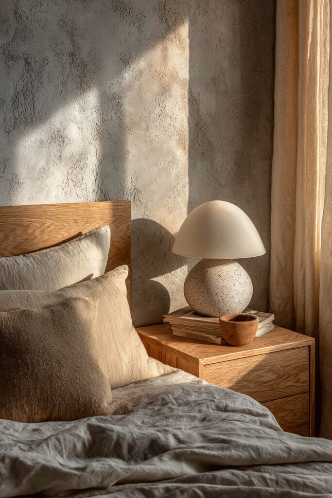Japandi bedroom nightstand styling with ceramic table lamp, neutral linen bedding, light wood nightstand, and warm sunlight
