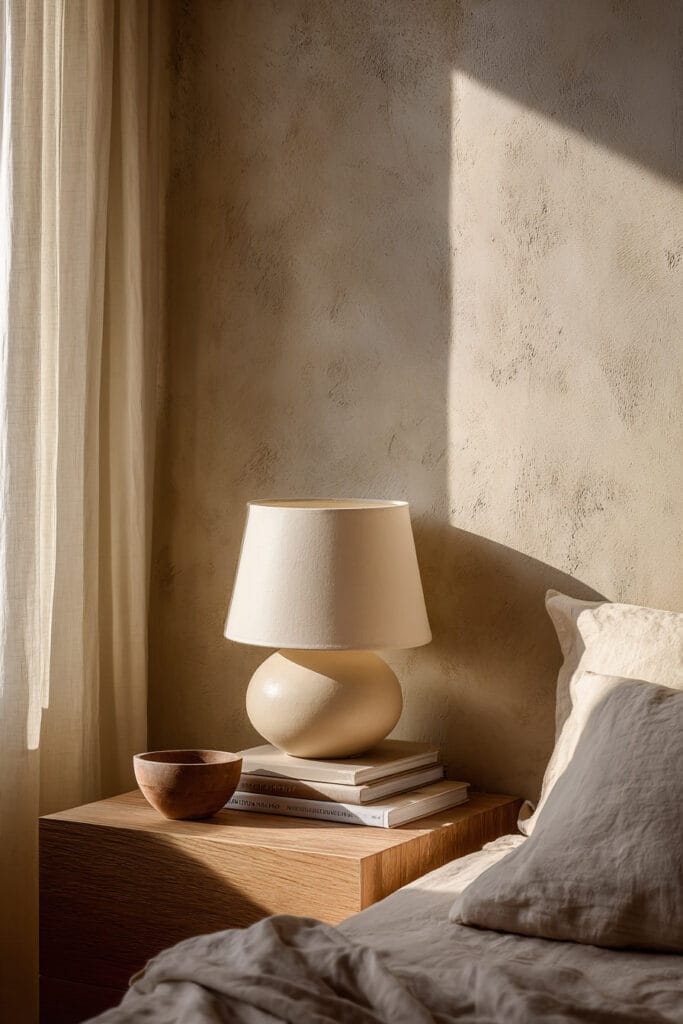 Japandi bedroom nightstand with neutral ceramic lamp, wooden side table, stacked books, and soft sunlight
