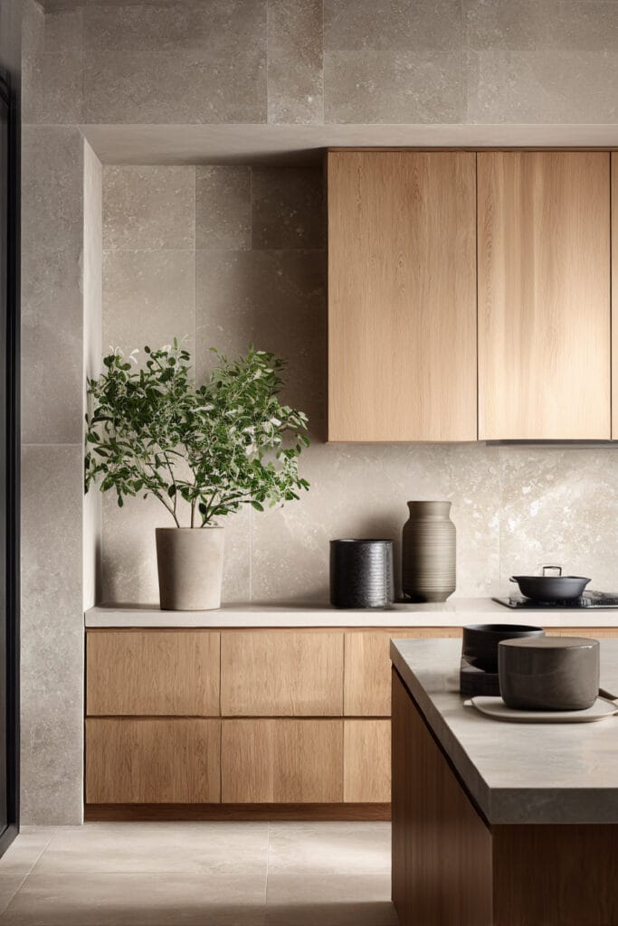 Minimal organic modern kitchen with stone tile walls, light wood cabinets, neutral decor, and indoor plant styling