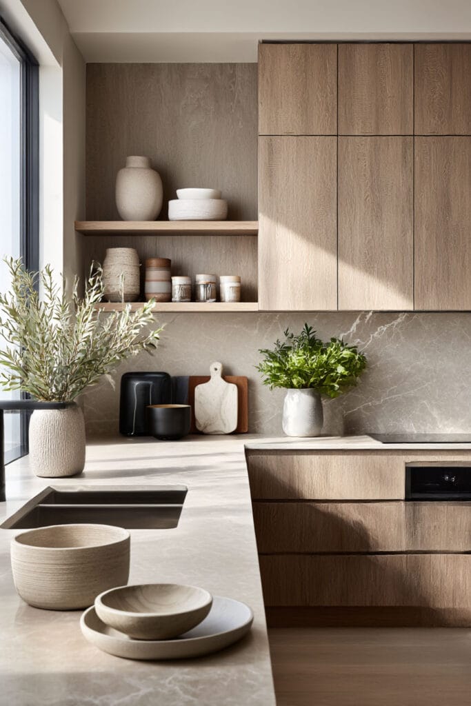 organic modern kitchen with light wood cabinets, marble backsplash, open shelving, neutral ceramics, and greenery styling