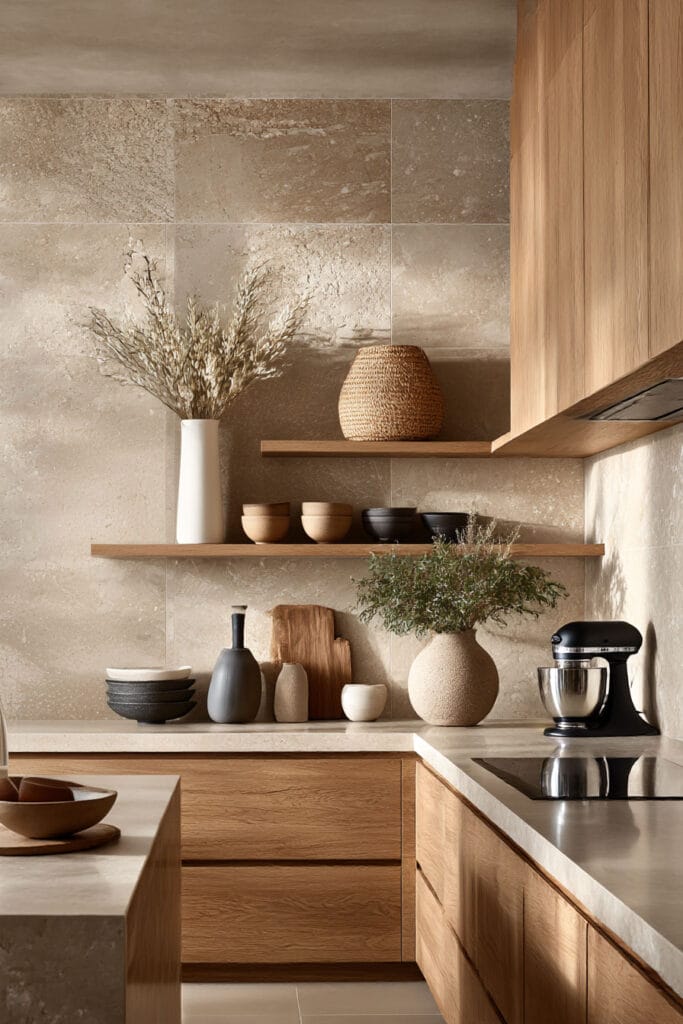 organic modern kitchen with wood cabinets stone tile backsplash open shelves and neutral decor