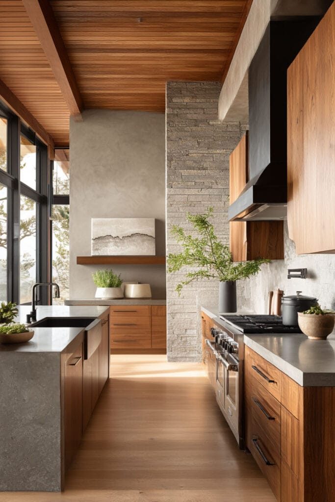 organic modern kitchen with warm wood cabinets, stone accent wall, plaster walls, and large windows with natural light