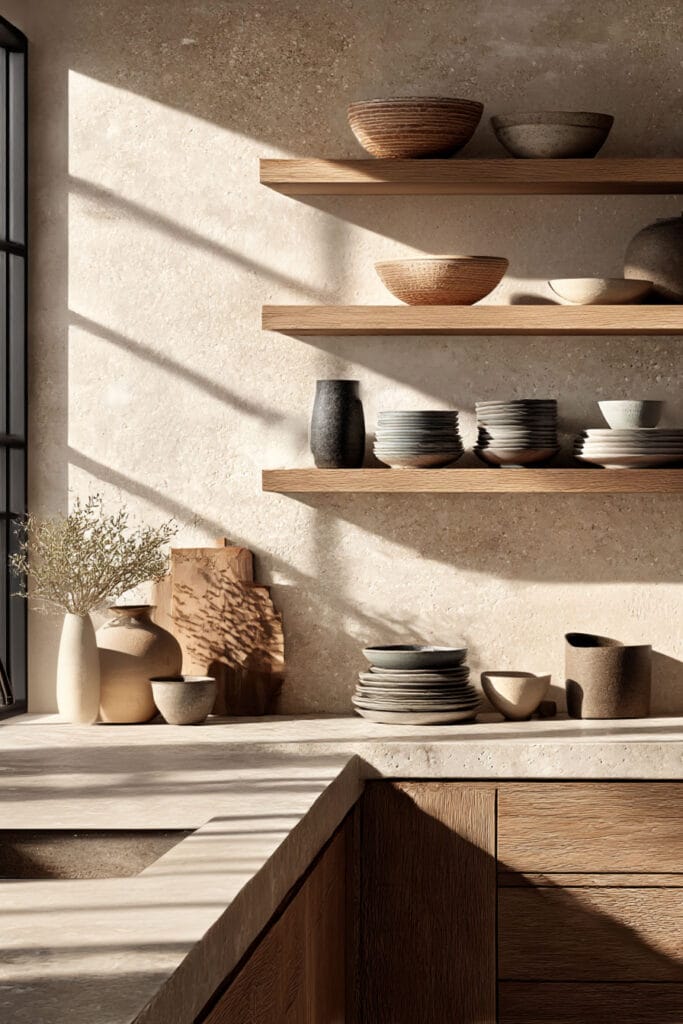 organic modern kitchen with wood shelves, ceramic dishes, plaster wall, and warm natural sunlight shadows