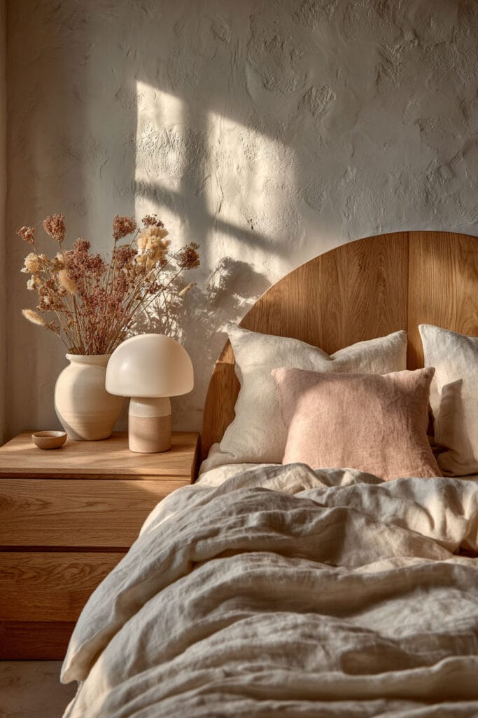 Japandi bedroom with wooden nightstand, ceramic table lamp, dried flowers, neutral linen bedding, and warm natural sunlight
