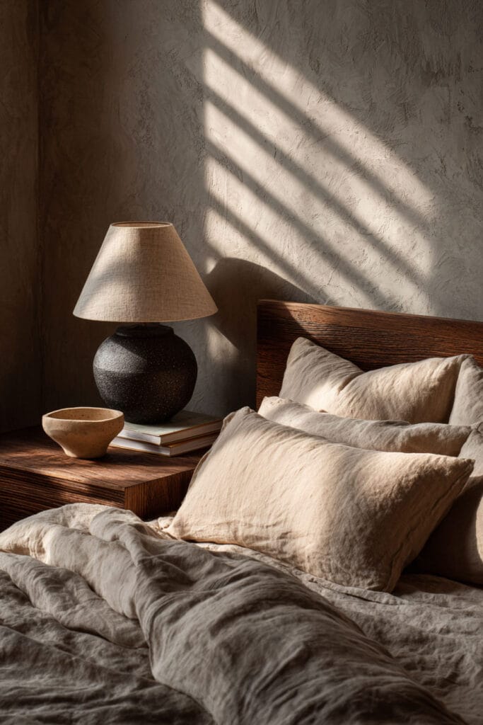 Japandi bedroom nightstand styling with ceramic lamp, wooden table, neutral linen bedding, textured wall, and soft natural light