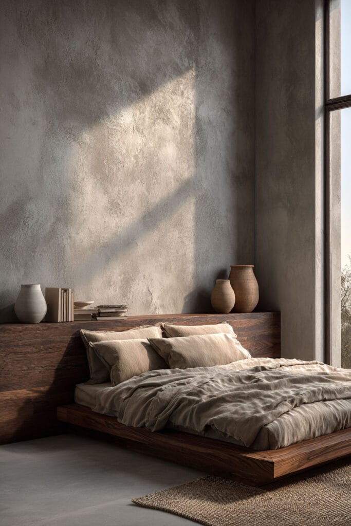 Japandi bedroom with textured plaster wall, wooden headboard shelf, neutral linen bedding, and ceramic decor in warm sunlight