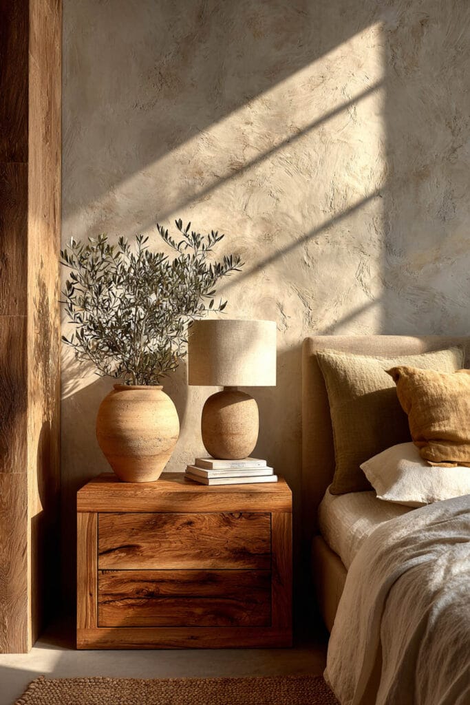 Japandi nightstand with ceramic lamp, olive branch in vase, wooden drawer, and warm sunlight casting shadows on textured wall