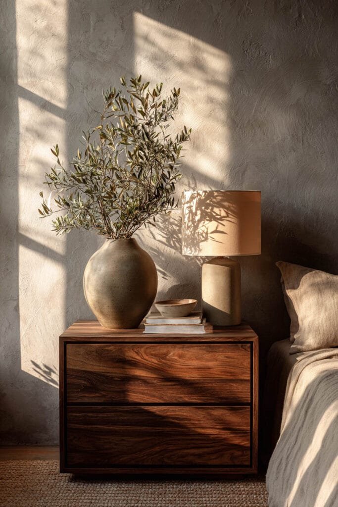 Japandi bedroom nightstand with olive branches in ceramic vase, table lamp, wooden dresser, and warm natural sunlight