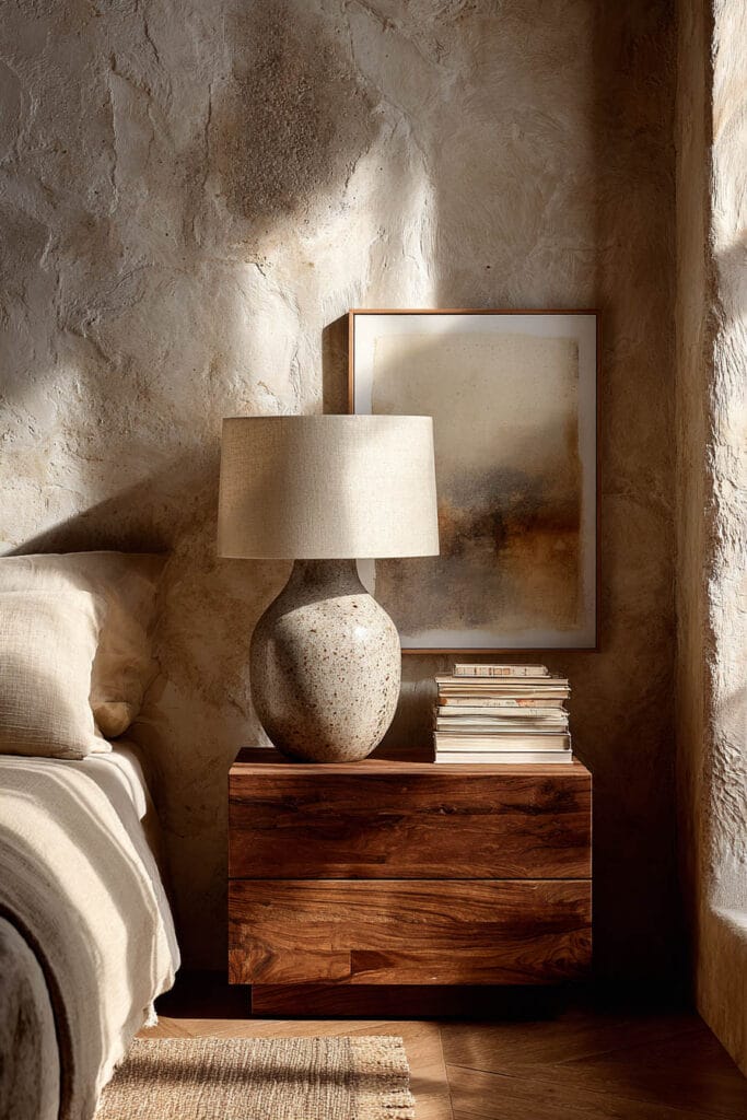 Japandi bedroom nightstand with ceramic lamp, stacked books, neutral wall art, wooden furniture, and warm natural sunlight