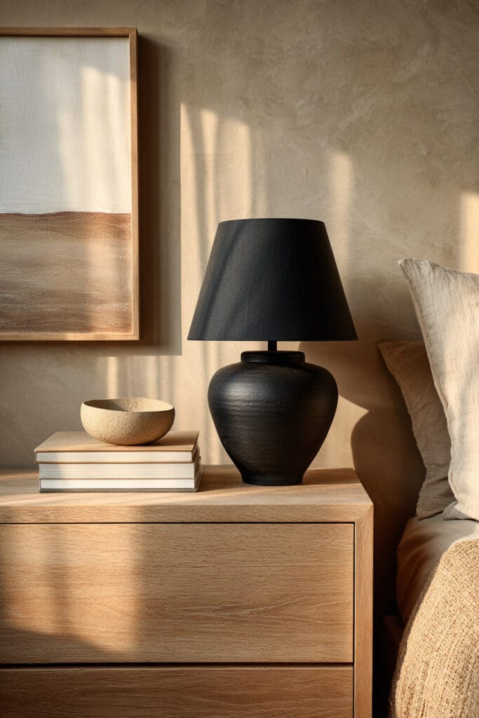 Japandi nightstand with black ceramic lamp, stacked books, wooden drawer, and warm sunlight on textured wall