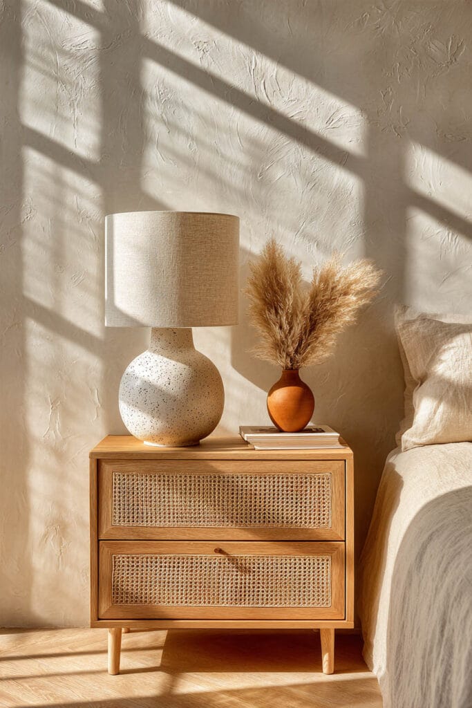 Japandi nightstand styling with rattan drawer dresser, ceramic table lamp, pampas grass in vase, and textured plaster wall