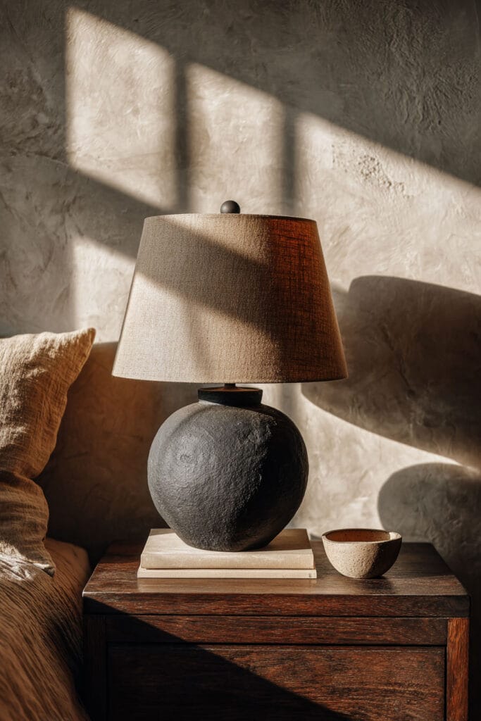 Japandi bedroom nightstand with textured ceramic lamp, dark wood table, neutral decor, and soft natural sunlight shadows