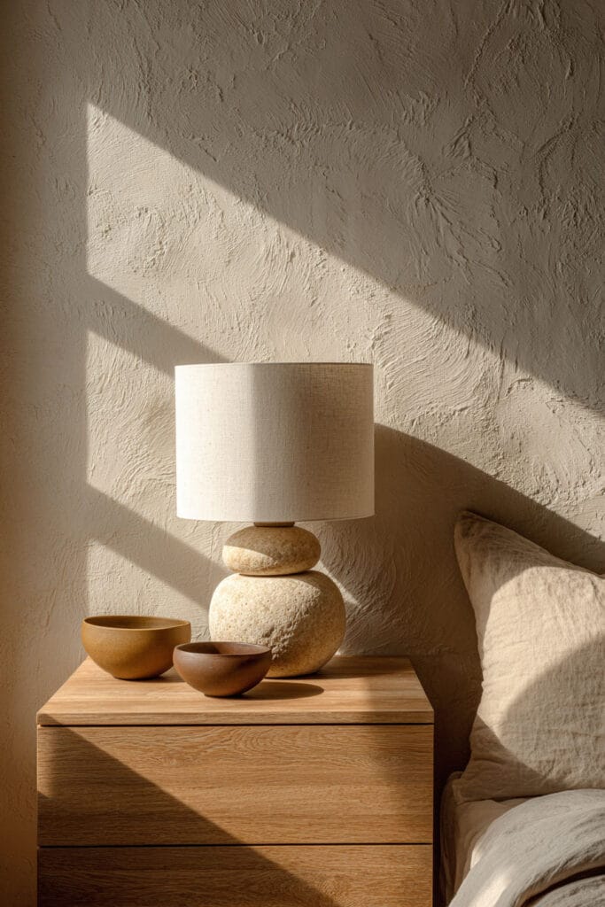 Japandi bedroom nightstand with stone base lamp, minimal ceramic bowls, light wood table, and textured plaster wall