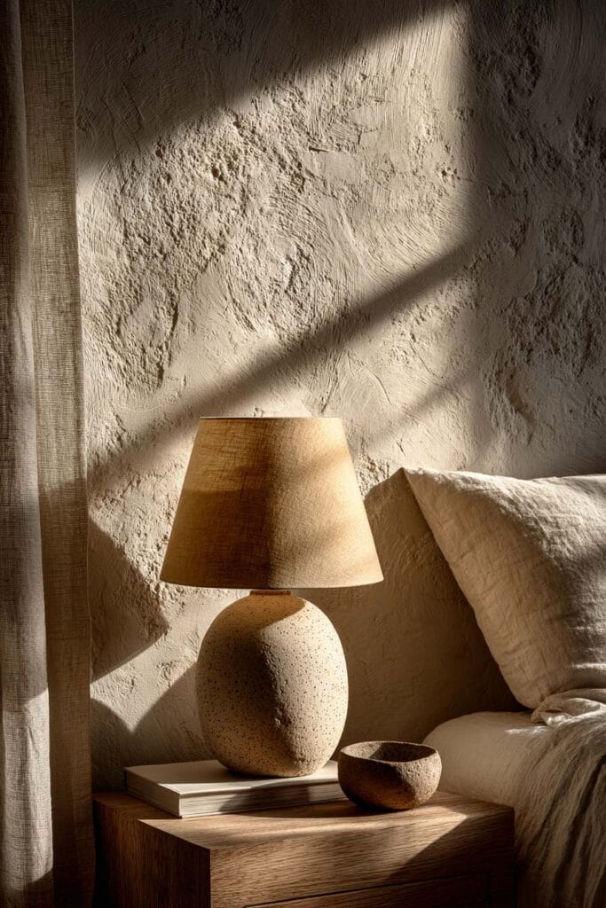 Japandi bedroom nightstand with ceramic lamp, textured plaster wall, neutral bedding, wooden table, and warm natural sunlight