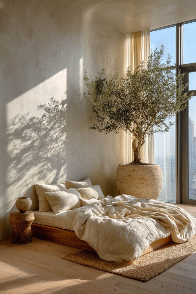 Japandi bedroom with low wooden bed, neutral linen bedding, large olive tree in pot, and soft natural sunlight
