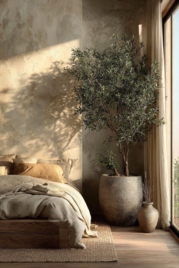 Japandi bedroom with large indoor olive tree, neutral bedding, textured walls, and warm natural sunlight