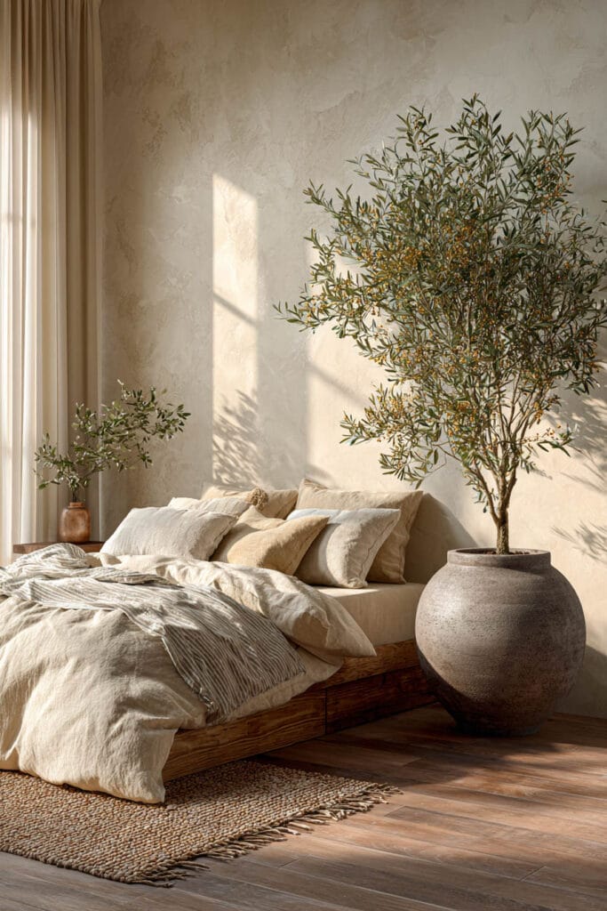 Japandi bedroom with large olive tree in ceramic planter, wooden platform bed, neutral linen bedding, and warm natural sunlight