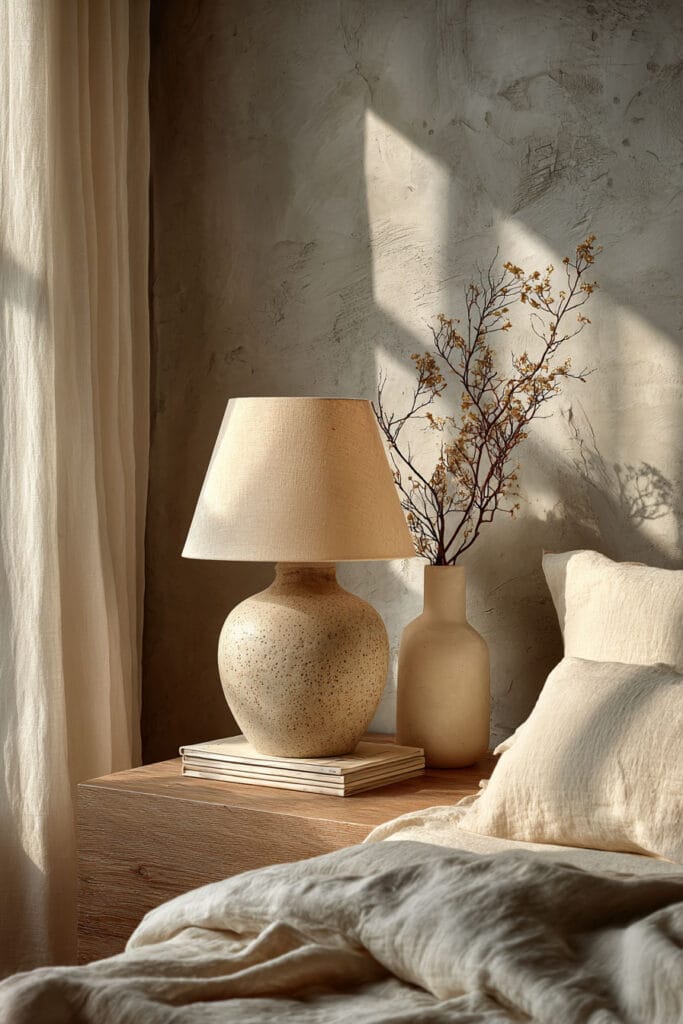 Japandi nightstand styling with ceramic table lamp, minimal vase with branches, linen bedding, and textured plaster wall in warm sunlight