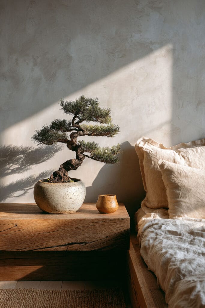 Japandi bedroom with bonsai tree on wooden nightstand, neutral linen bedding, and soft sunlight on textured wall