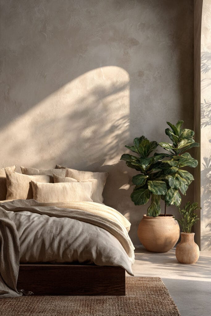 Japandi bedroom with fiddle leaf fig plant in ceramic pot, neutral linen bedding, wooden platform bed, and warm natural sunlight
