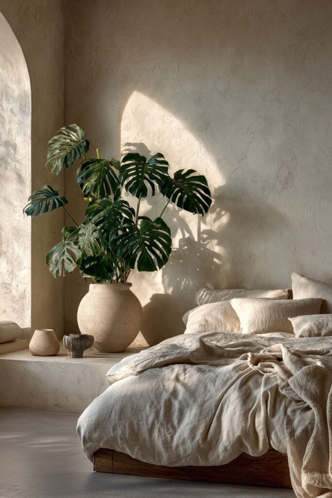Japandi bedroom with monstera plant in ceramic pot, neutral linen bedding, textured walls, and soft natural sunlight