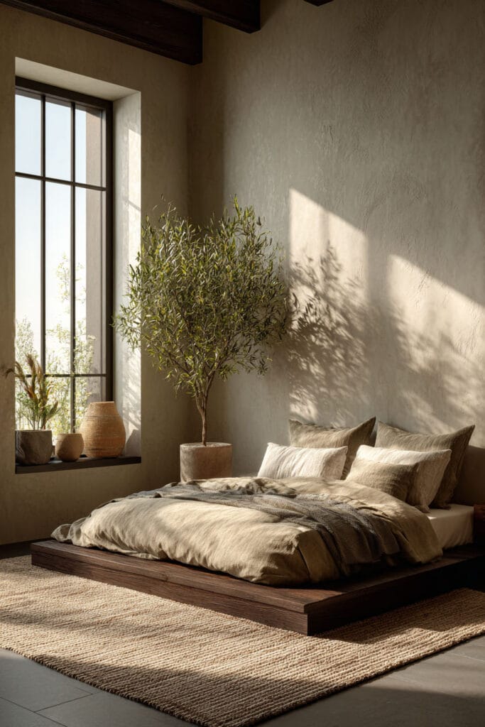 Japandi bedroom with indoor olive tree, low platform bed, neutral linen bedding, and warm natural sunlight through large window