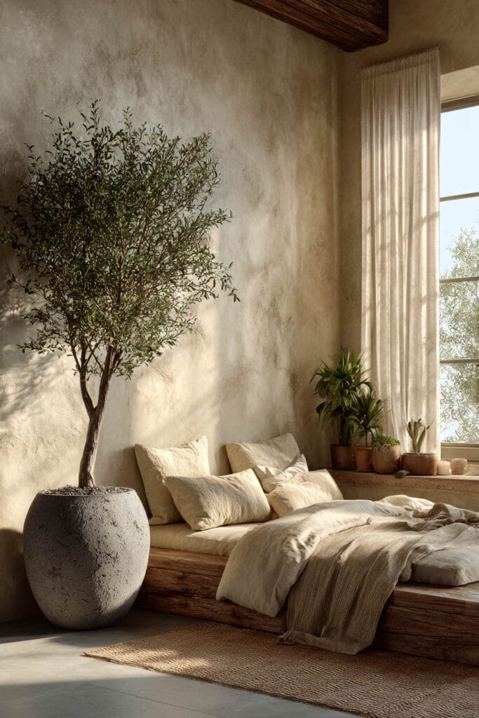 Japandi bedroom with indoor olive tree, neutral linen bedding, light wood platform bed, textured wall, and warm natural sunlight