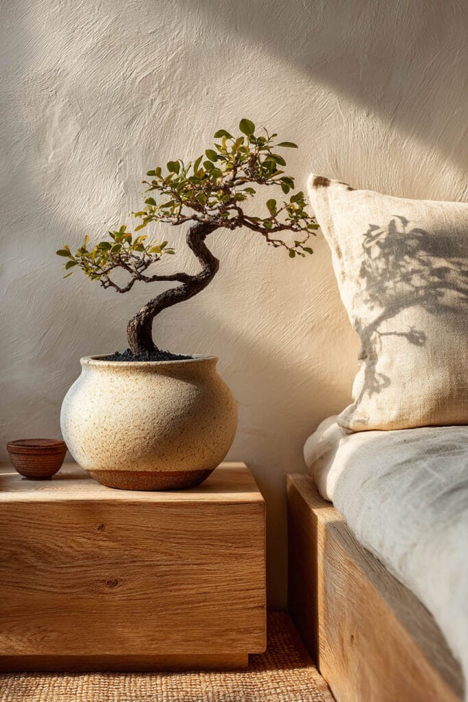 Japandi bedroom nightstand with bonsai tree, ceramic pot, linen bedding, and warm natural sunlight on textured plaster wall