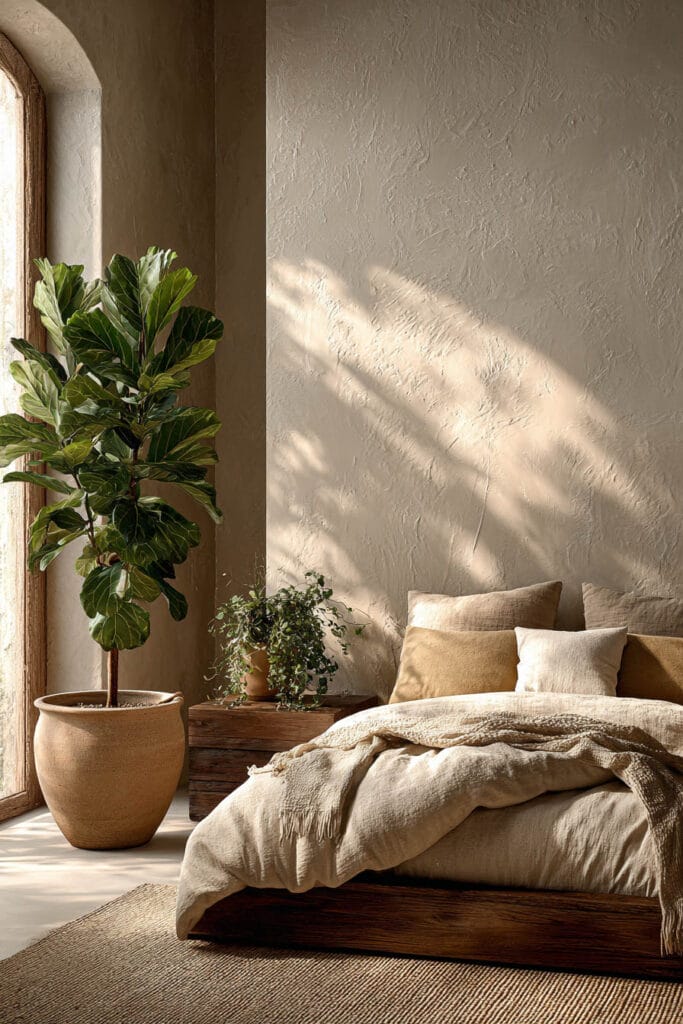Japandi bedroom with fiddle leaf fig plant, neutral linen bedding, dark wood platform bed, textured wall, and warm natural sunlight