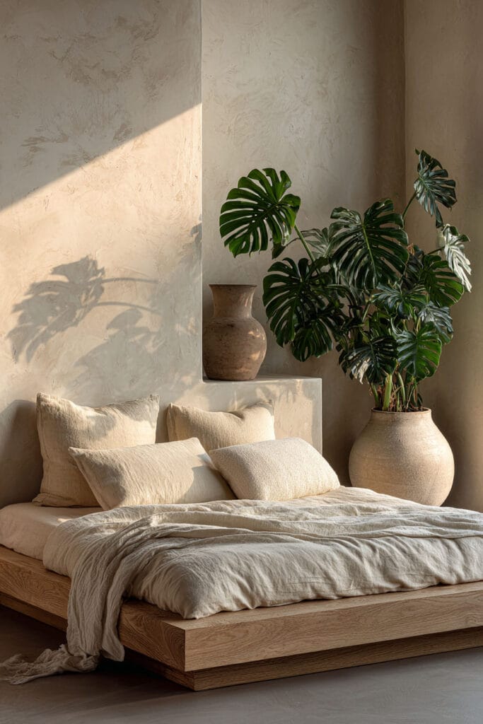 Japandi bedroom with monstera plant in ceramic pot, neutral linen bedding, textured plaster walls, and warm sunlight
