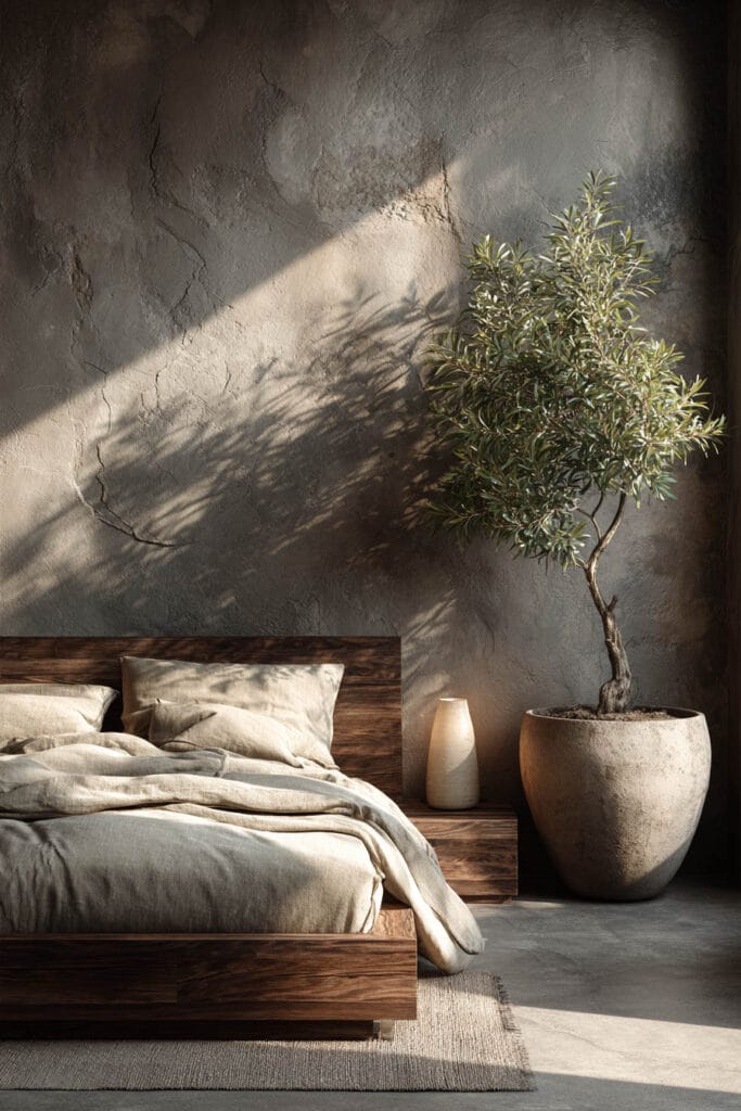 Japandi bedroom with olive tree in large planter, dark wood bed, neutral linen bedding, and textured plaster wall