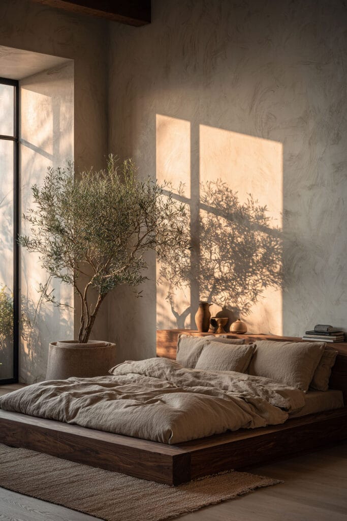 Japandi bedroom with low wooden bed, olive tree in pot, and warm sunlight casting shadows on textured wall