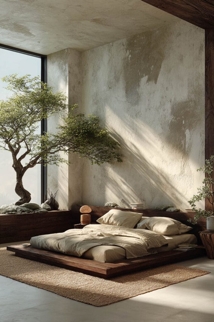 Japandi bedroom with indoor tree, low wooden platform bed, textured plaster walls, and warm natural sunlight through large window
