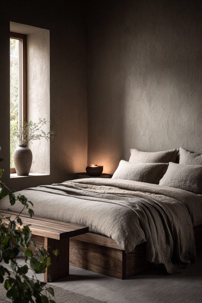 Cozy Japandi bedroom with wooden platform bed, linen bedding, textured plaster wall, soft candlelight, and natural window light