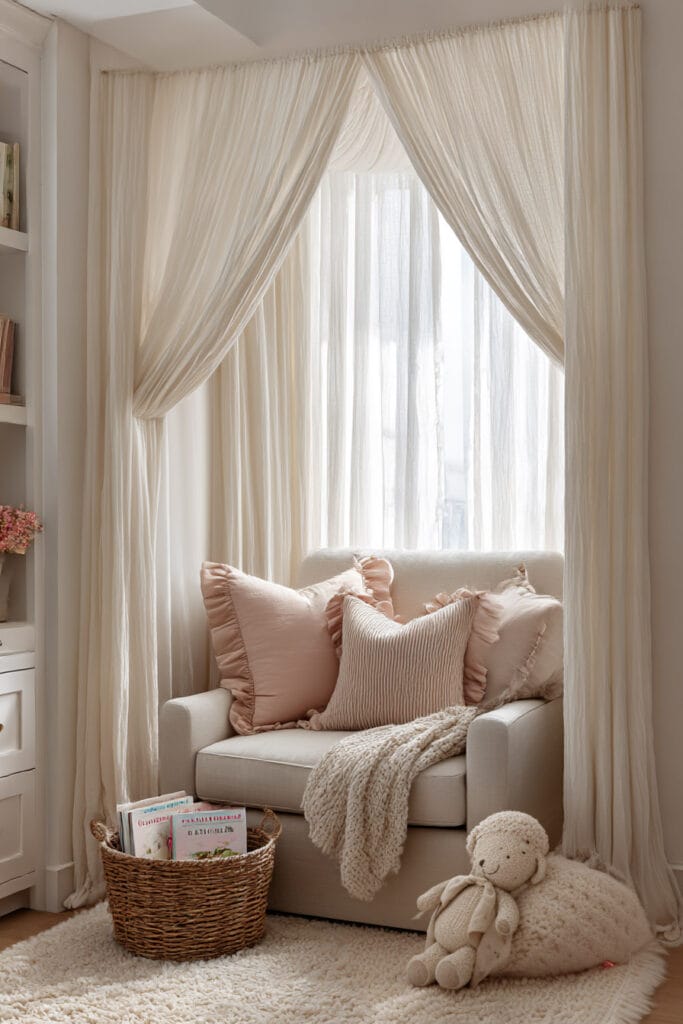 Cozy little girls bedroom reading nook with upholstered chair, blush pillows, sheer canopy curtains, and basket of children's books.