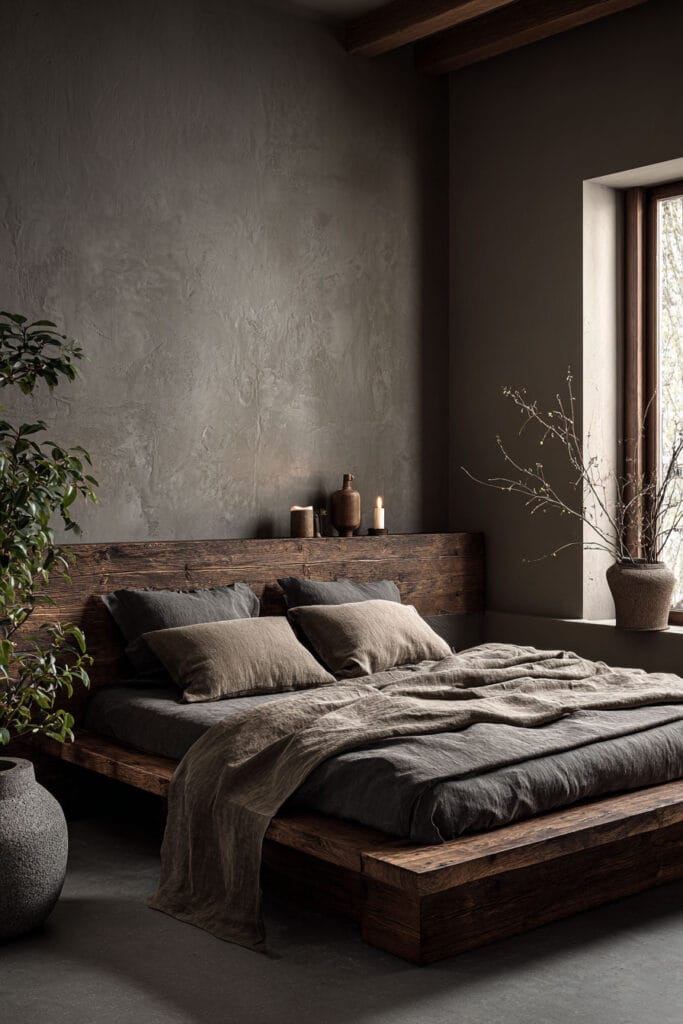 dark Japandi bedroom with low wood platform bed, moody neutral tones, textured plaster wall, minimal decor, and soft window light