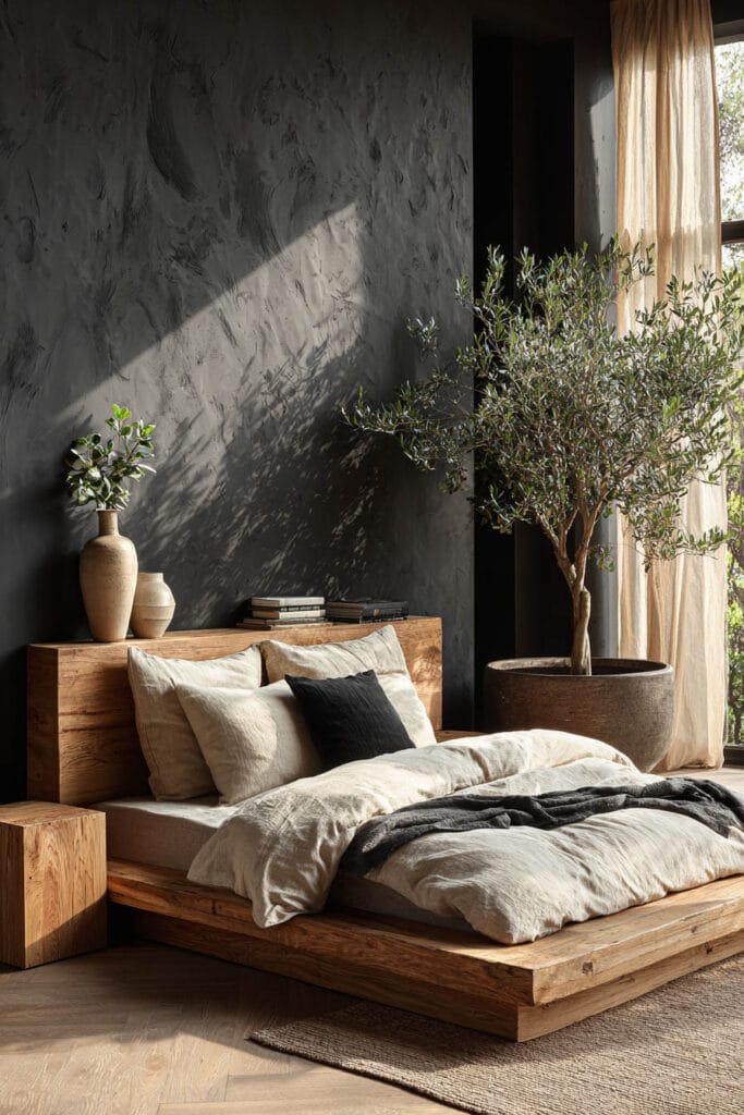 Japandi bedroom with dark textured plaster wall, low wood platform bed, neutral linen bedding, and olive tree in ceramic planter with soft sunlight