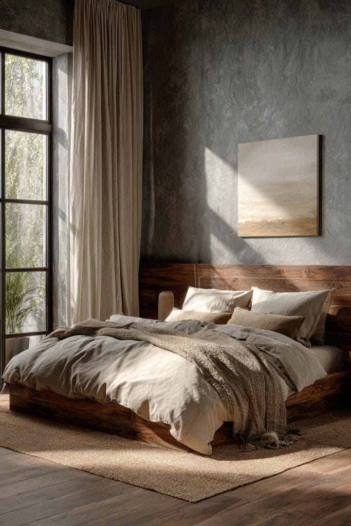 Japandi bedroom with low wood bed, light neutral linen bedding, textured limewash wall, and soft natural window light