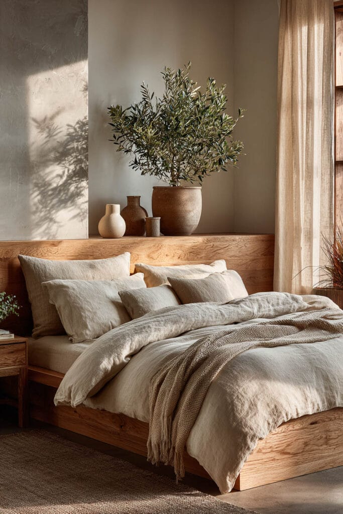 Japandi bedroom with light wood bed, olive tree decor, neutral linen bedding, soft natural light, and warm minimalist styling