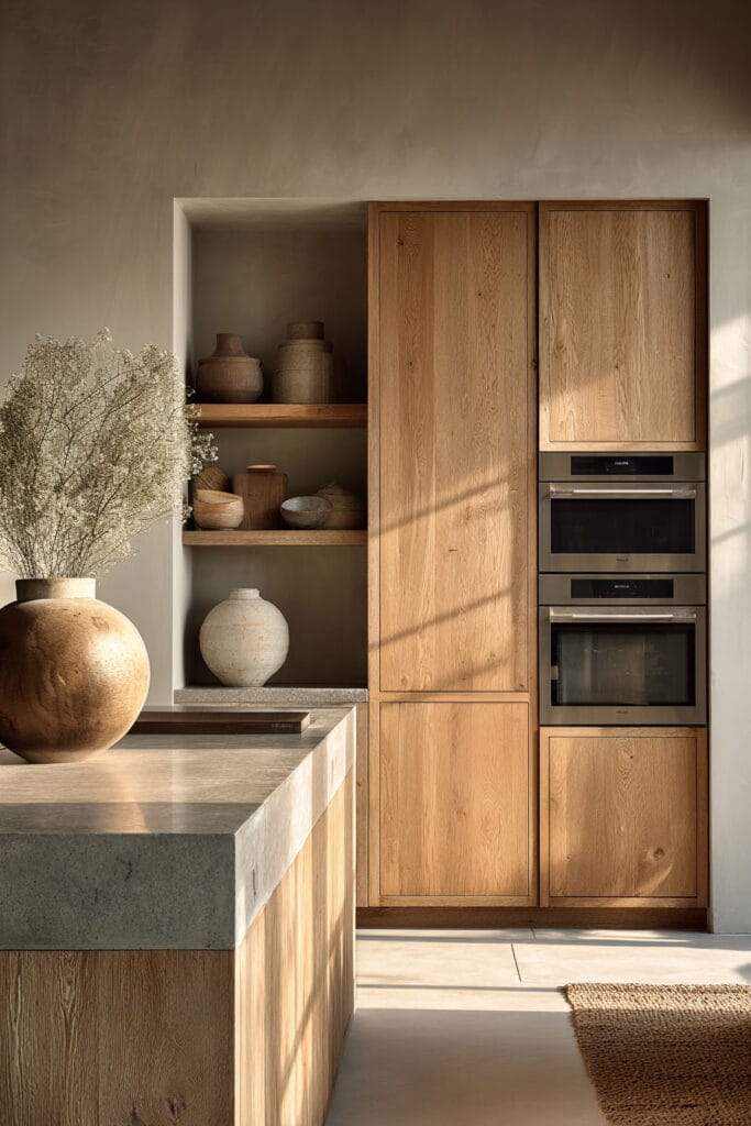 light oak kitchen cabinets with open shelving, stone island, and neutral decor in an organic modern kitchen with warm tones
