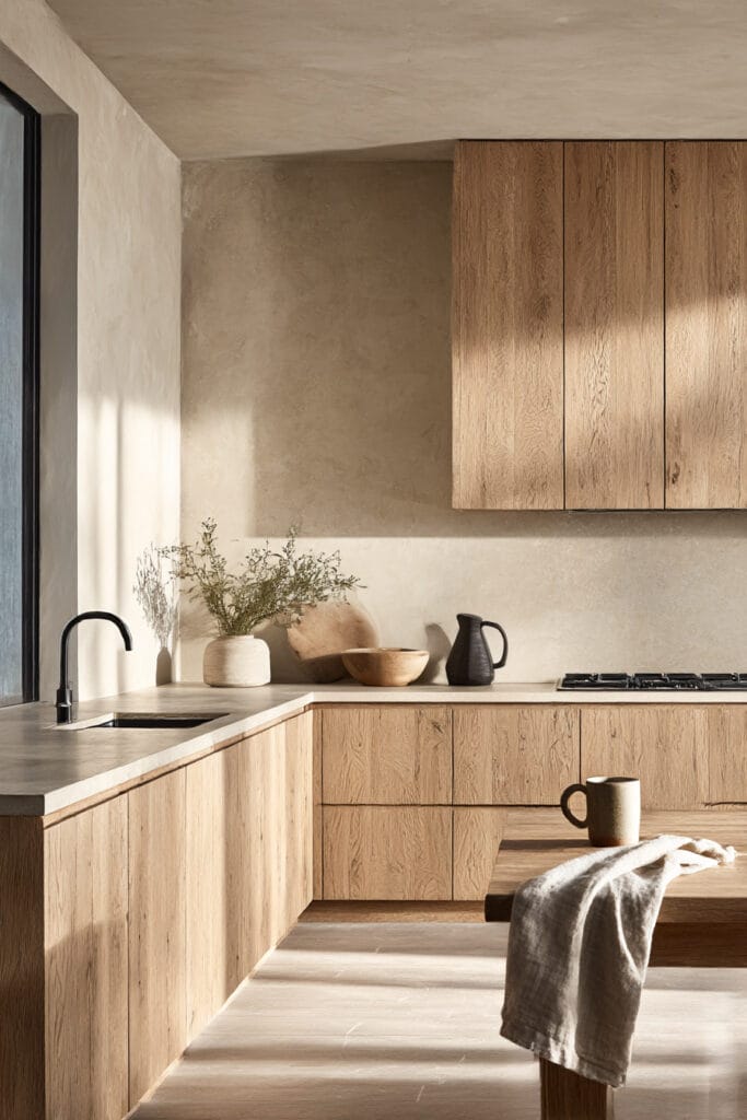 Light wood kitchen cabinets with plaster walls, neutral stone countertops, and natural sunlight in a minimalist organic kitchen.