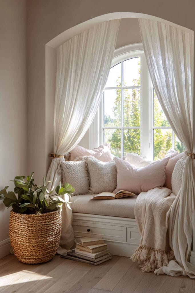 Cozy little girls bedroom reading nook with built-in window seat, neutral pillows, sheer curtains, knit throw blanket, and natural sunlight.