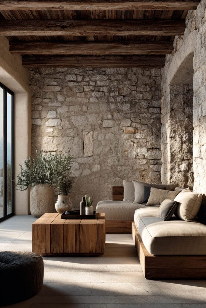 Organic modern living room with rustic stone wall, wood coffee table, linen seating, and exposed wood ceiling beams highlighting natural materials.