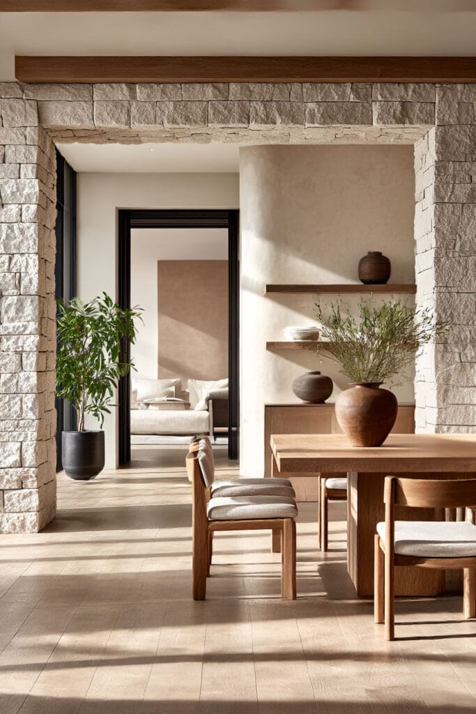Organic modern dining room with stone archway, natural wood dining table, ceramic vase decor, and warm neutral interior