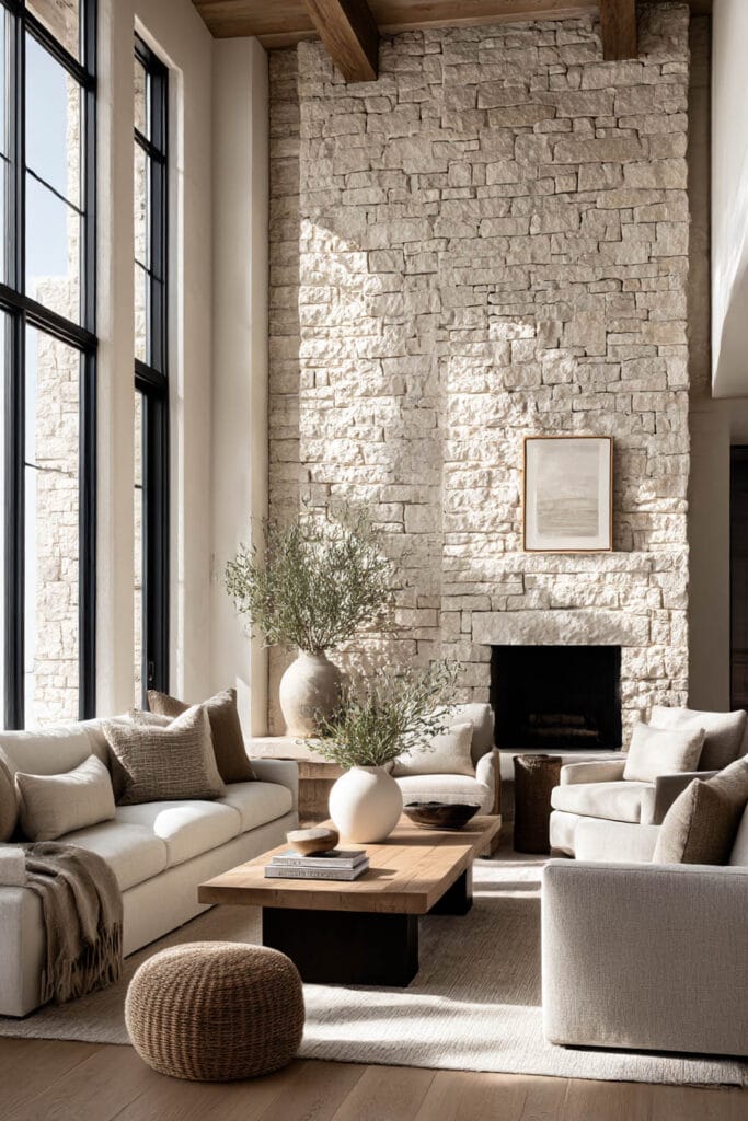 Organic modern living room with tall stacked stone fireplace, large windows, neutral linen seating, wood coffee table, and natural decor accents.