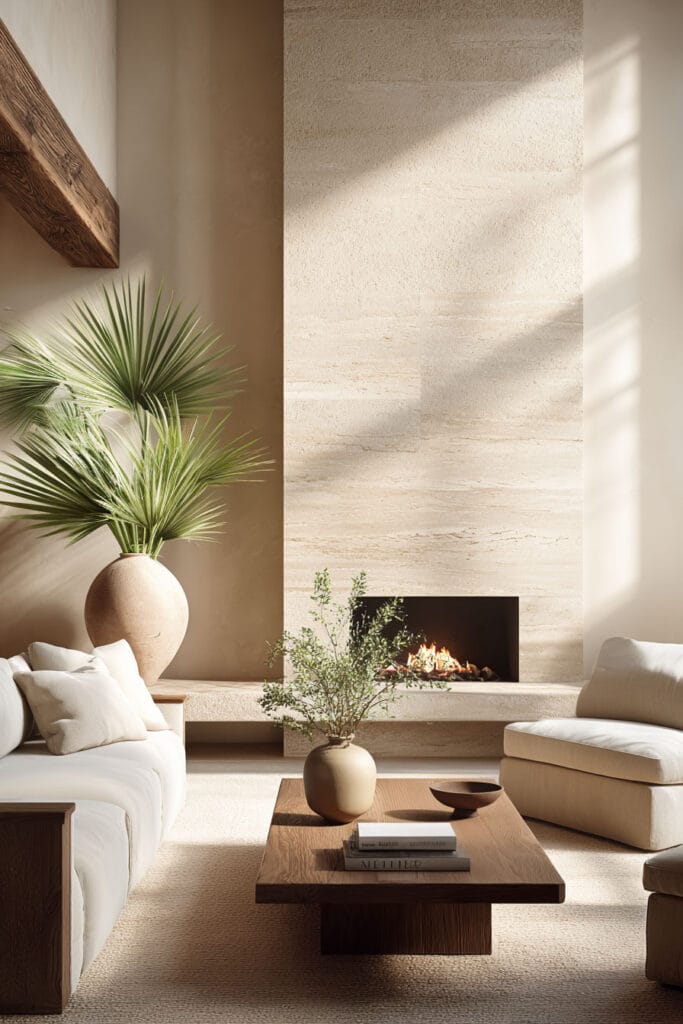 Organic modern living room with large stone fireplace wall, plaster walls, neutral linen sofa, wood coffee table, and warm natural sunlight.