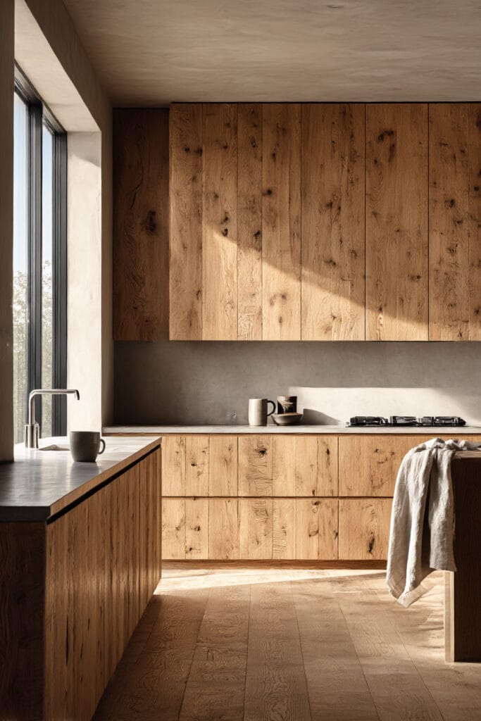 rustic warm wood kitchen cabinets with natural grain, neutral backsplash, and minimalist organic modern kitchen design