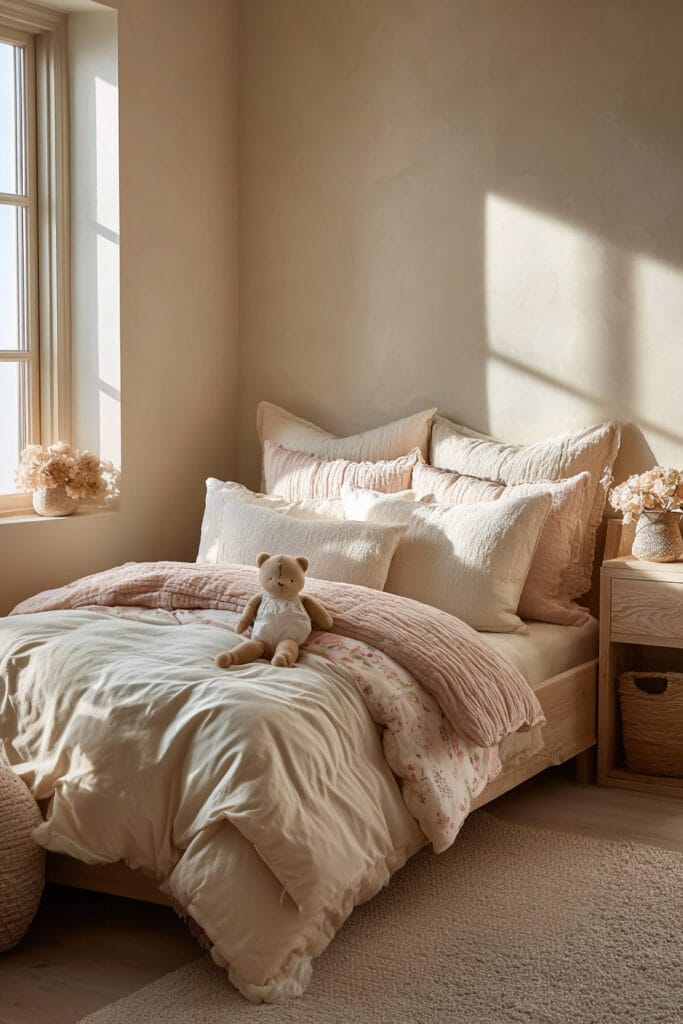 Soft blush and neutral little girl’s bedroom with layered linen bedding, teddy bear on the bed, warm sunlight, and natural wood furniture.